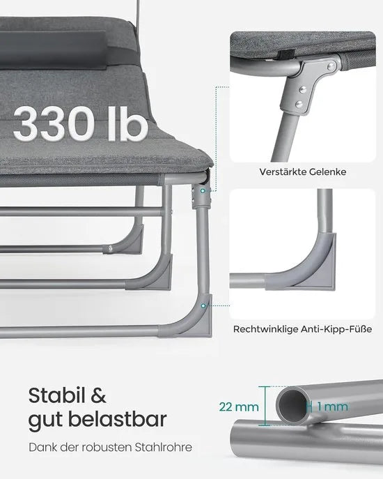FurnStar - Ligstoel - Ligstoel met 3 cm Dikke Steun - Hoofdsteun, Zonnedak, Verstelbare Rugleuning, Opvouwbaar - 53 x 193 x 29,5 cm - Draagvermogen tot 150 kg - Voor Tuin, Balkon - Donkergrijs