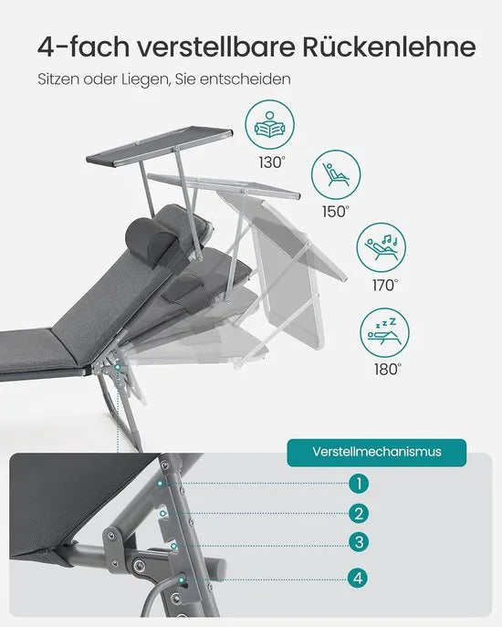 FurnStar - Ligstoel - Ligstoel met 3 cm Dikke Steun - Hoofdsteun, Zonnedak, Verstelbare Rugleuning, Opvouwbaar - 53 x 193 x 29,5 cm - Draagvermogen tot 150 kg - Voor Tuin, Balkon - Donkergrijs
