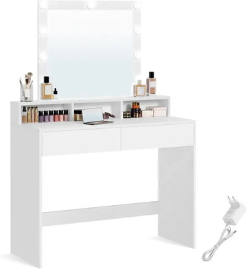 FurnStar - Make-up tafel met ledverlichting - instelbare helderheid - kaptafel met spiegel - kaptafel met 2 laden en 3 open vakken - modern - wit