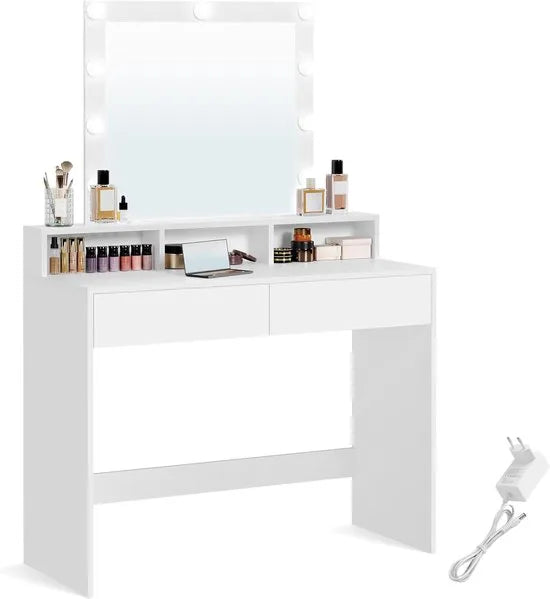 FurnStar - Make-up tafel met ledverlichting - instelbare helderheid - kaptafel met spiegel - kaptafel met 2 laden en 3 open vakken - modern - wit