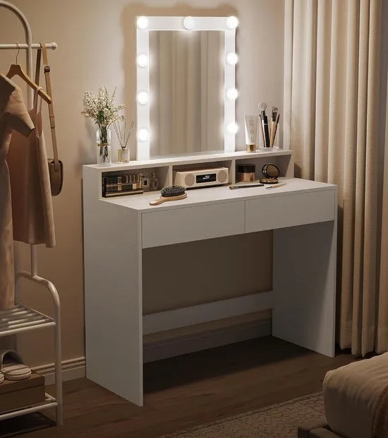 FurnStar - Make-up tafel met ledverlichting - instelbare helderheid - kaptafel met spiegel - kaptafel met 2 laden en 3 open vakken - modern - wit
