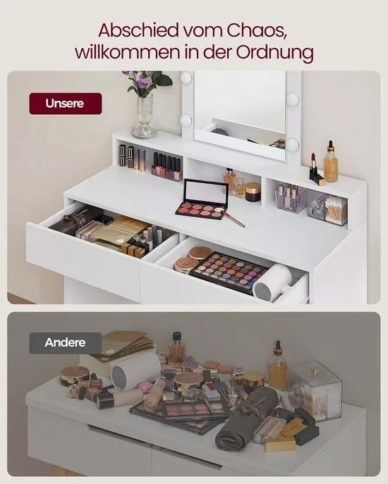 FurnStar - Make-up tafel met ledverlichting - instelbare helderheid - kaptafel met spiegel - kaptafel met 2 laden en 3 open vakken - modern - wit