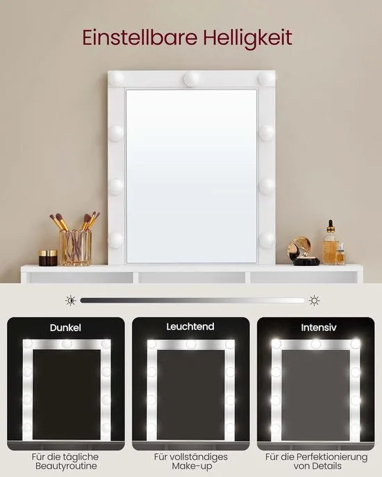 FurnStar - Make-up tafel met ledverlichting - instelbare helderheid - kaptafel met spiegel - kaptafel met 2 laden en 3 open vakken - modern - wit