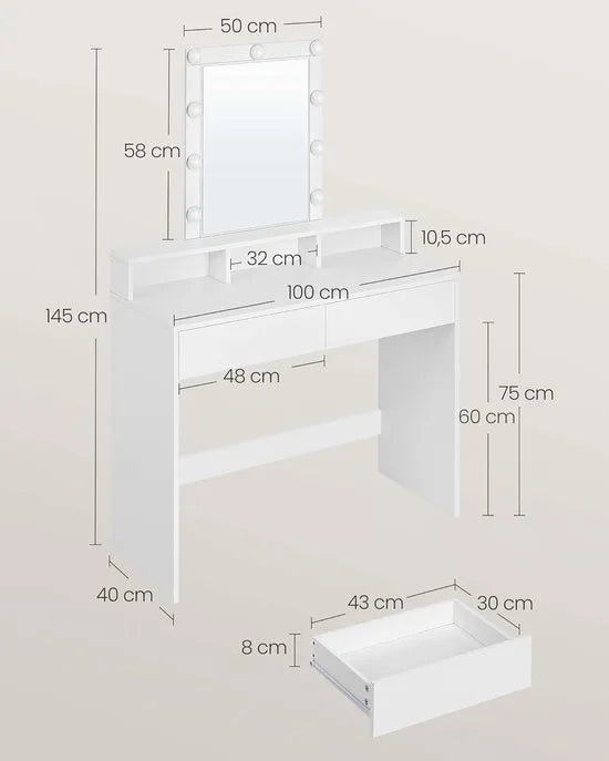 FurnStar - Make-up tafel met ledverlichting - instelbare helderheid - kaptafel met spiegel - kaptafel met 2 laden en 3 open vakken - modern - wit