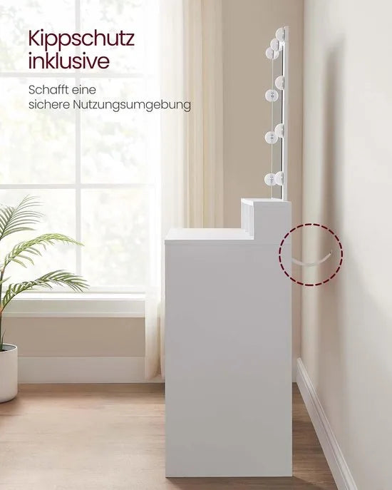 FurnStar - Make-up tafel met ledverlichting - instelbare helderheid - kaptafel met spiegel - kaptafel met 2 laden en 3 open vakken - modern - wit