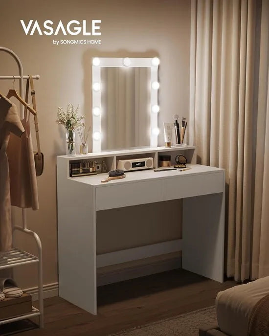 FurnStar - Make-up tafel met ledverlichting - instelbare helderheid - kaptafel met spiegel - kaptafel met 2 laden en 3 open vakken - modern - wit