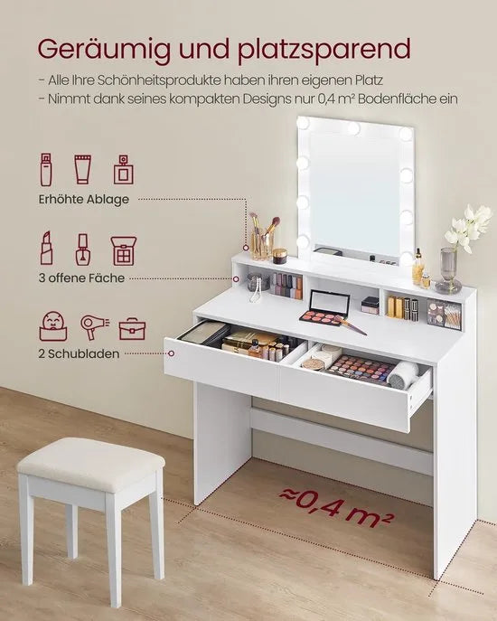 FurnStar - Make-up tafel met ledverlichting - instelbare helderheid - kaptafel met spiegel - kaptafel met 2 laden en 3 open vakken - modern - wit