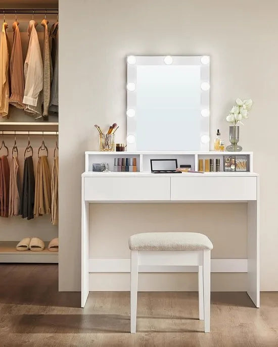 FurnStar - Make-up tafel met ledverlichting - instelbare helderheid - kaptafel met spiegel - kaptafel met 2 laden en 3 open vakken - modern - wit
