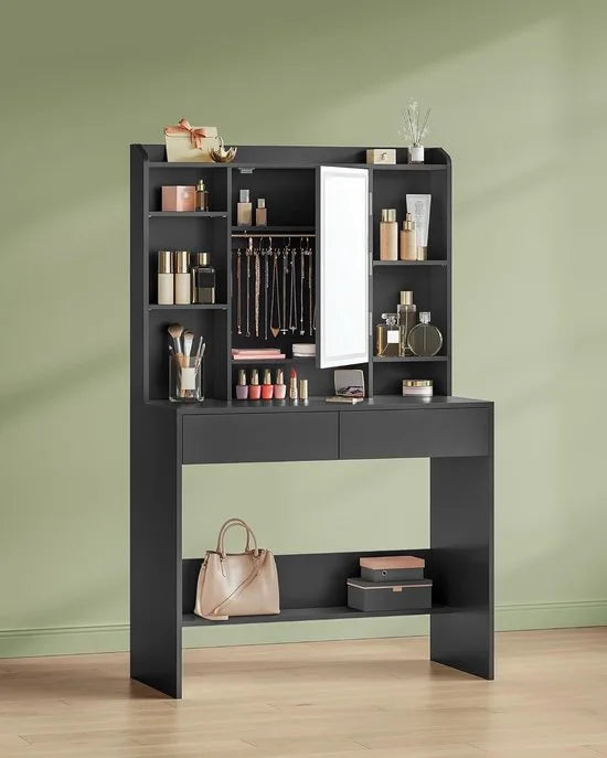 Furnstar Make-uptafel met LED-verlichting en Spiegel – Kaptafel met 3 Lichtkleuren & Dimbaar – Met 2 Lades en Verstelbare Planken – Modern Design – Inktzwart