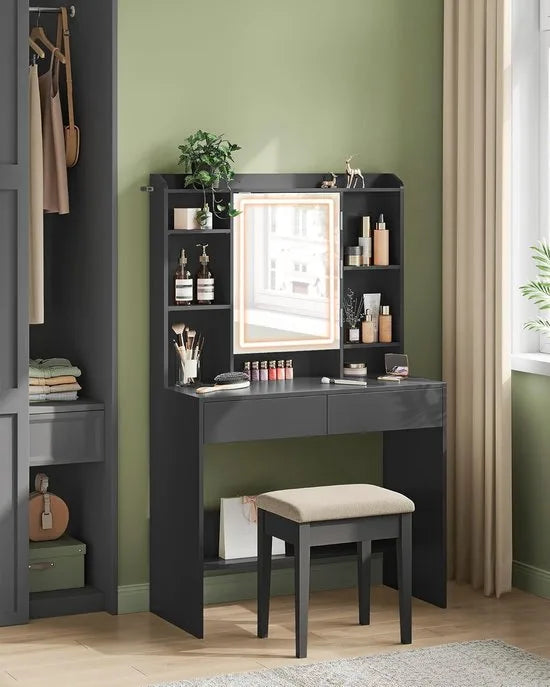 Furnstar Make-uptafel met LED-verlichting en Spiegel – Kaptafel met 3 Lichtkleuren & Dimbaar – Met 2 Lades en Verstelbare Planken – Modern Design – Inktzwart