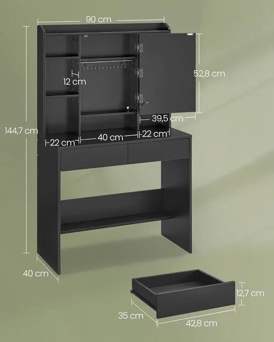Furnstar Make-uptafel met LED-verlichting en Spiegel – Kaptafel met 3 Lichtkleuren & Dimbaar – Met 2 Lades en Verstelbare Planken – Modern Design – Inktzwart