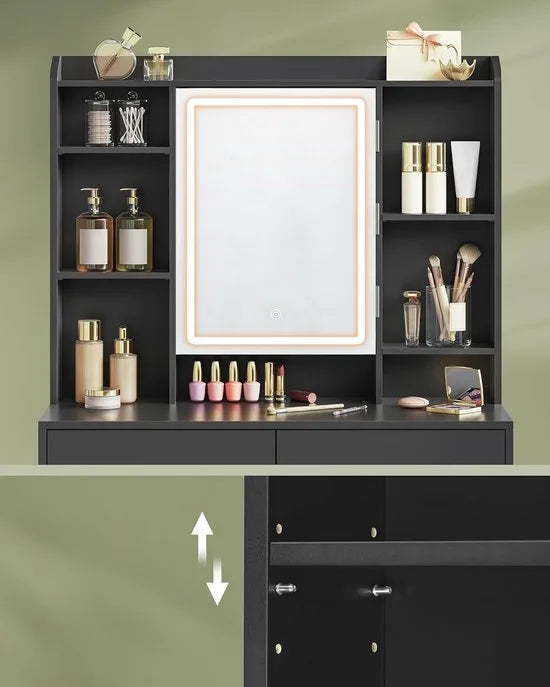 Furnstar Make-uptafel met LED-verlichting en Spiegel – Kaptafel met 3 Lichtkleuren & Dimbaar – Met 2 Lades en Verstelbare Planken – Modern Design – Inktzwart