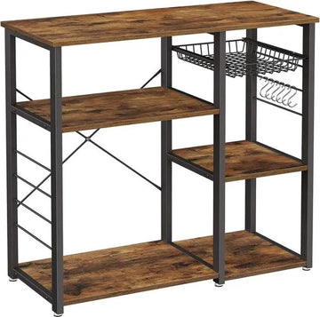 FurnStar - Metalen keukenkast - Staande plank - Magnetronplank met stalen frame en draadmand - Met 6 haken - Industrieel ontwerp - Houtlook - 90x40x84cm - Vintage bruin- Zwart