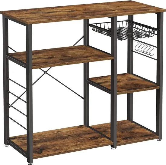 FurnStar - Metalen keukenkast - Staande plank - Magnetronplank met stalen frame en draadmand - Met 6 haken - Industrieel ontwerp - Houtlook - 90x40x84cm - Vintage bruin- Zwart