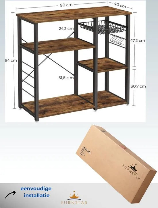 FurnStar - Metalen keukenkast - Staande plank - Magnetronplank met stalen frame en draadmand - Met 6 haken - Industrieel ontwerp - Houtlook - 90x40x84cm - Vintage bruin- Zwart