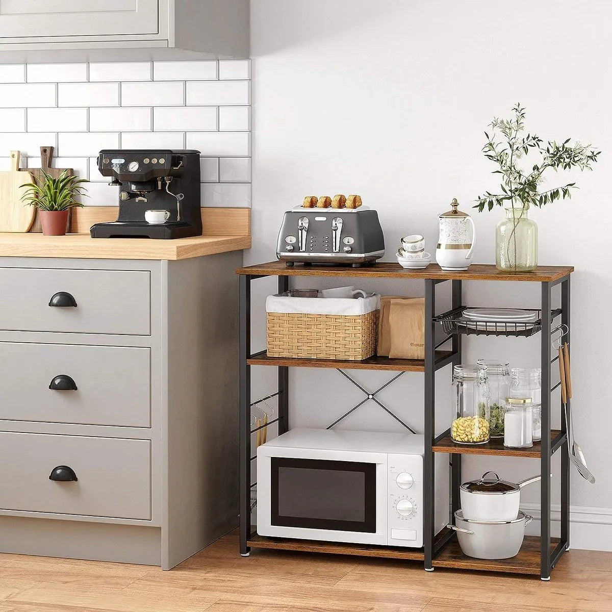 FurnStar - Metalen keukenkast - Staande plank - Magnetronplank met stalen frame en draadmand - Met 6 haken - Industrieel ontwerp - Houtlook - 90x40x84cm - Vintage bruin- Zwart
