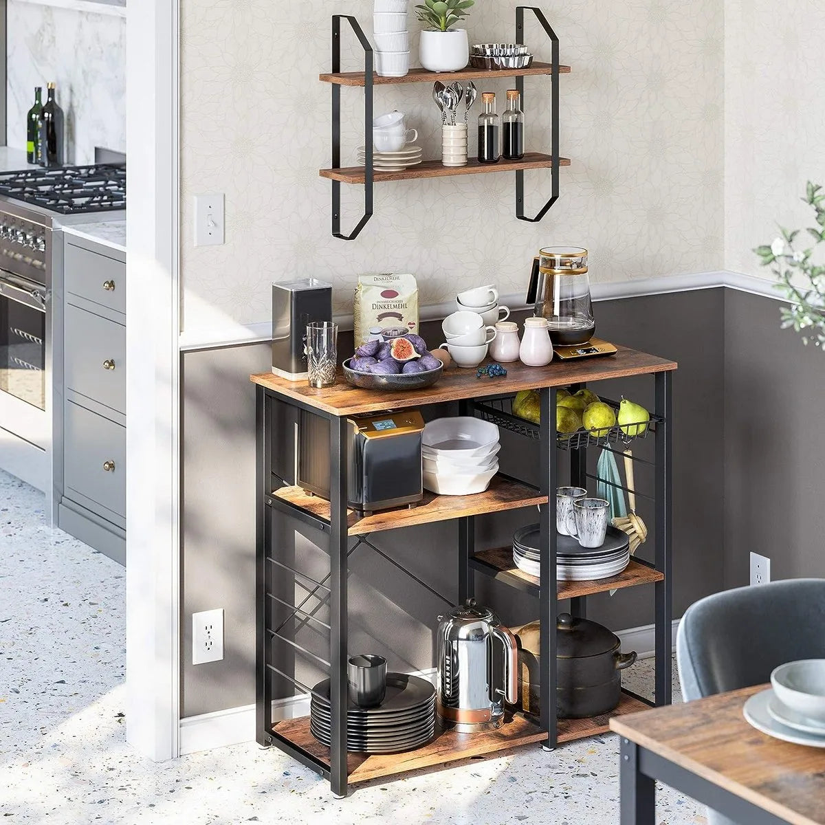 FurnStar - Metalen keukenkast - Staande plank - Magnetronplank met stalen frame en draadmand - Met 6 haken - Industrieel ontwerp - Houtlook - 90x40x84cm - Vintage bruin- Zwart