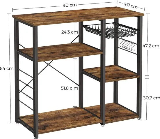 FurnStar - Metalen keukenkast - Staande plank - Magnetronplank met stalen frame en draadmand - Met 6 haken - Industrieel ontwerp - Houtlook - 90x40x84cm - Vintage bruin- Zwart
