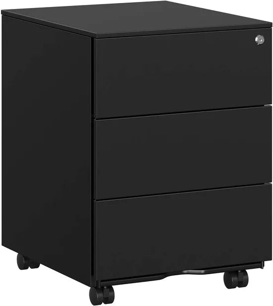 FurnStar - Metalen Ladekast op Wielen - Mobiele Archiefkast - Afsluitbaar - 3 Laden met Inzet - Compacte Printtafel - Voorgemonteerd - Voor Kantoor & Thuis - 40 x 30 x 54 cm - Wolkenwit – Inktzwart