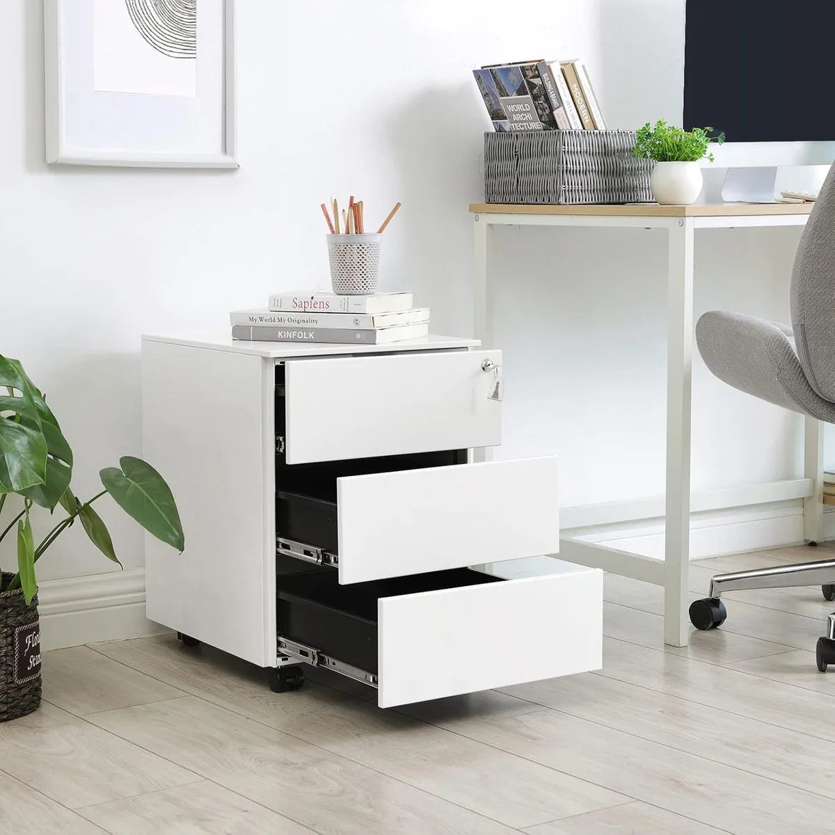 FurnStar - Metalen Ladekast op Wielen - Mobiele Archiefkast - Afsluitbaar - 3 Laden met Inzet - Compacte Printtafel - Voorgemonteerd - Voor Kantoor & Thuis - 40 x 30 x 54 cm - Wolkenwit