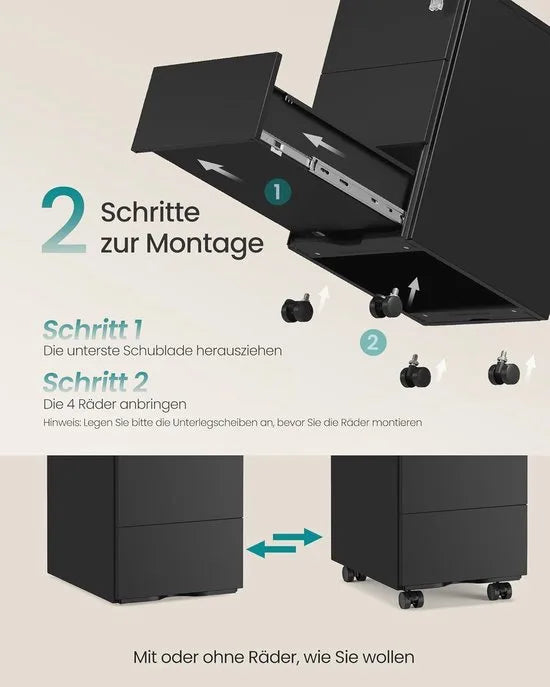 FurnStar - Metalen Ladekast op Wielen - Mobiele Archiefkast - Afsluitbaar - 3 Laden met Inzet - Compacte Printtafel - Voorgemonteerd - Voor Kantoor & Thuis - 40 x 30 x 54 cm - Wolkenwit – Matzwart