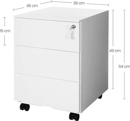 FurnStar - Metalen Ladekast op Wielen - Mobiele Archiefkast - Afsluitbaar - 3 Laden met Inzet - Compacte Printtafel - Voorgemonteerd - Voor Kantoor & Thuis - 40 x 30 x 54 cm - Wolkenwit
