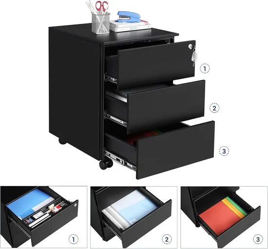 FurnStar - Metalen Ladekast op Wielen - Mobiele Archiefkast - Afsluitbaar - 3 Laden met Inzet - Compacte Printtafel - Voorgemonteerd - Voor Kantoor & Thuis - 40 x 30 x 54 cm -Inktzwart