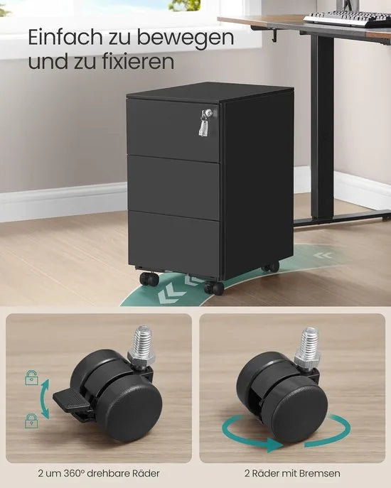 FurnStar - Metalen Ladekast op Wielen - Mobiele Archiefkast - Afsluitbaar - 3 Laden met Inzet - Compacte Printtafel - Voorgemonteerd - Voor Kantoor & Thuis - 40 x 30 x 54 cm - Wolkenwit – Matzwart
