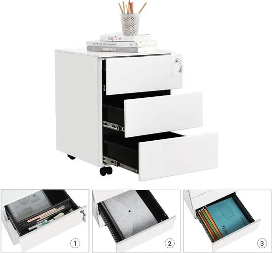 FurnStar - Metalen Ladekast op Wielen - Mobiele Archiefkast - Afsluitbaar - 3 Laden met Inzet - Compacte Printtafel - Voorgemonteerd - Voor Kantoor & Thuis - 40 x 30 x 54 cm - Wolkenwit