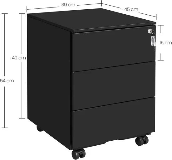 FurnStar - Metalen Ladekast op Wielen - Mobiele Archiefkast - Afsluitbaar - 3 Laden met Inzet - Compacte Printtafel - Voorgemonteerd - Voor Kantoor & Thuis - 40 x 30 x 54 cm -Inktzwart