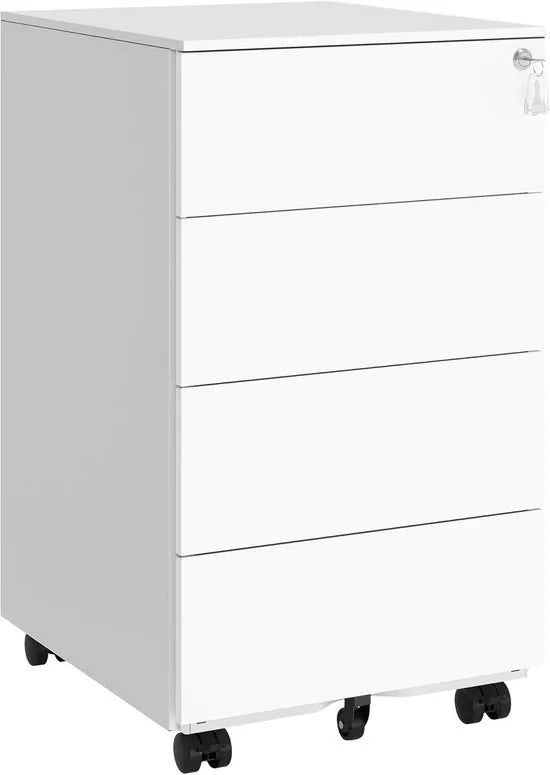 FurnStar - Metalen Ladekast op Wielen - Mobiele Archiefkast - Afsluitbaar - 4 Laden met Inzet - Printtafel - Voorgemonteerd - Voor Kantoor & Thuis - 45 x 39 x 69 cm - Wolkenwit