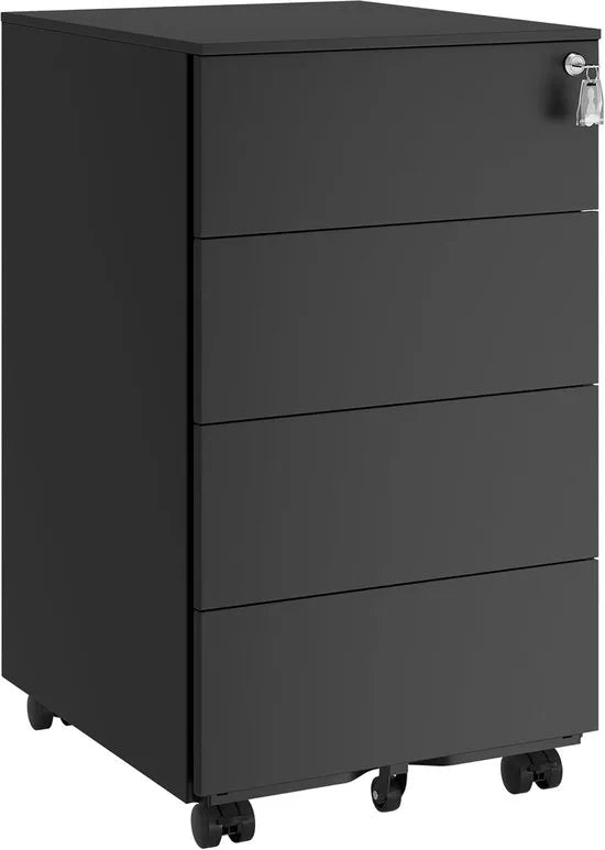FurnStar - Metalen Ladekast op Wielen - Mobiele Archiefkast - Afsluitbaar - 4 Laden met Inzet - Printtafel - Voorgemonteerd - Voor Kantoor & Thuis - 45 x 39 x 69 cm - Inktzwart