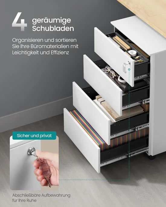 FurnStar - Metalen Ladekast op Wielen - Mobiele Archiefkast - Afsluitbaar - 4 Laden met Inzet - Printtafel - Voorgemonteerd - Voor Kantoor & Thuis - 45 x 39 x 69 cm - Wolkenwit