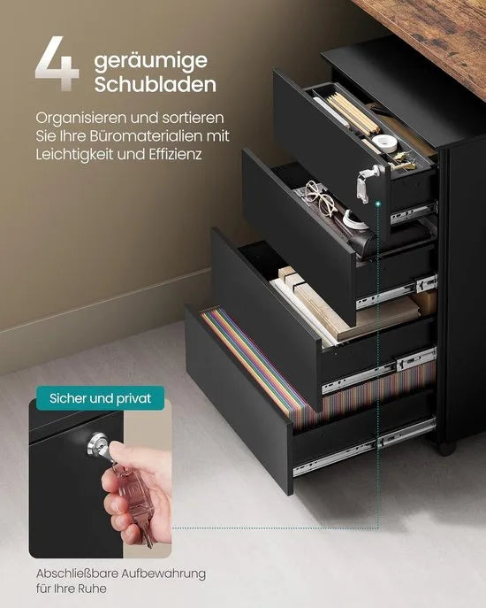 FurnStar - Metalen Ladekast op Wielen - Mobiele Archiefkast - Afsluitbaar - 4 Laden met Inzet - Printtafel - Voorgemonteerd - Voor Kantoor & Thuis - 45 x 39 x 69 cm - Inktzwart