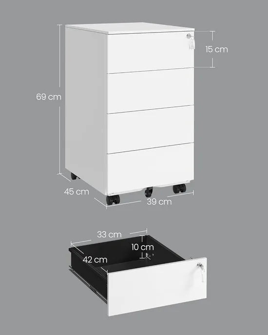 FurnStar - Metalen Ladekast op Wielen - Mobiele Archiefkast - Afsluitbaar - 4 Laden met Inzet - Printtafel - Voorgemonteerd - Voor Kantoor & Thuis - 45 x 39 x 69 cm - Wolkenwit