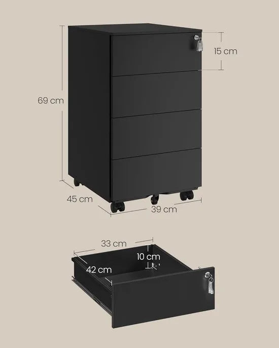 FurnStar - Metalen Ladekast op Wielen - Mobiele Archiefkast - Afsluitbaar - 4 Laden met Inzet - Printtafel - Voorgemonteerd - Voor Kantoor & Thuis - 45 x 39 x 69 cm - Inktzwart