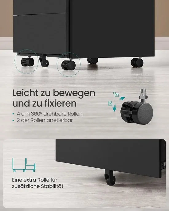 FurnStar - Metalen Ladekast op Wielen - Mobiele Archiefkast - Afsluitbaar - 4 Laden met Inzet - Printtafel - Voorgemonteerd - Voor Kantoor & Thuis - 45 x 39 x 69 cm - Inktzwart