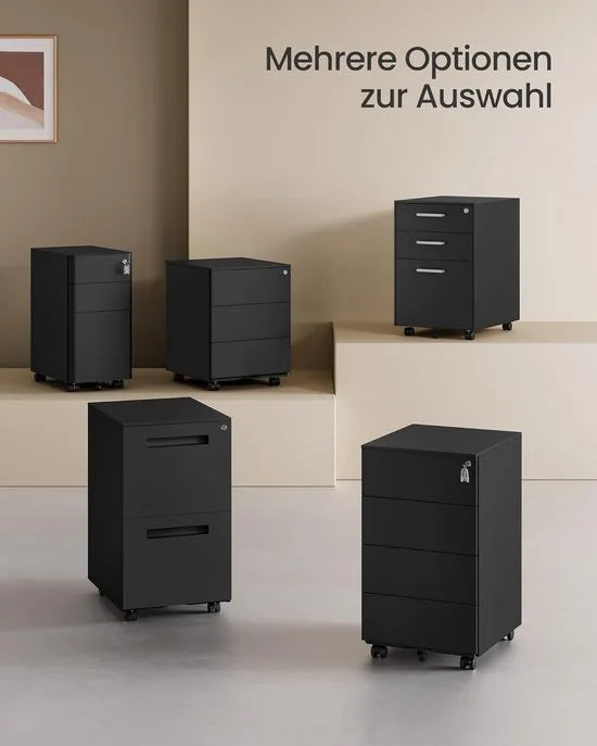 FurnStar - Metalen Ladekast op Wielen - Mobiele Archiefkast - Afsluitbaar - 4 Laden met Inzet - Printtafel - Voorgemonteerd - Voor Kantoor & Thuis - 45 x 39 x 69 cm - Wolkenwit – Inktzwart