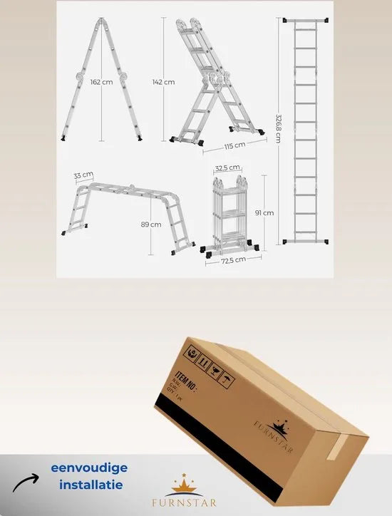 FurnStar - Multifunctionele Aluminium Ladder 3-5 m Met 2 Metalen Platen - Opvouwbare Ladder - Draagvermogen 150 kg - Zilver
