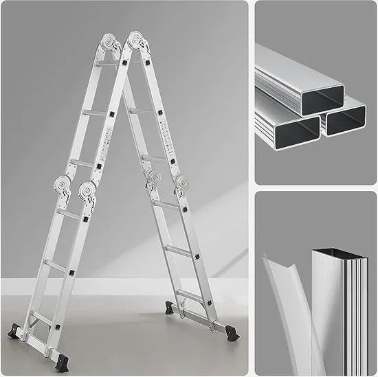 FurnStar - Multifunctionele Aluminium Ladder 3-5 m Met 2 Metalen Platen - Opvouwbare Ladder - Draagvermogen 150 kg - Zilver