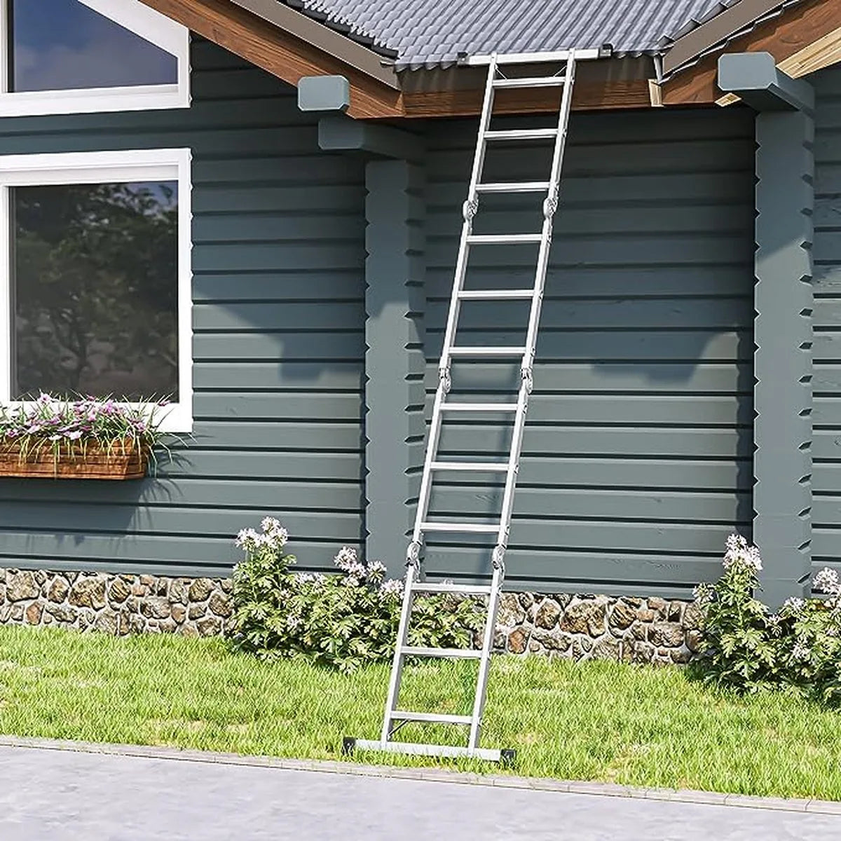 FurnStar - Multifunctionele Aluminium Ladder 3-5 m Met 2 Metalen Platen - Opvouwbare Ladder - Draagvermogen 150 kg - Zilver