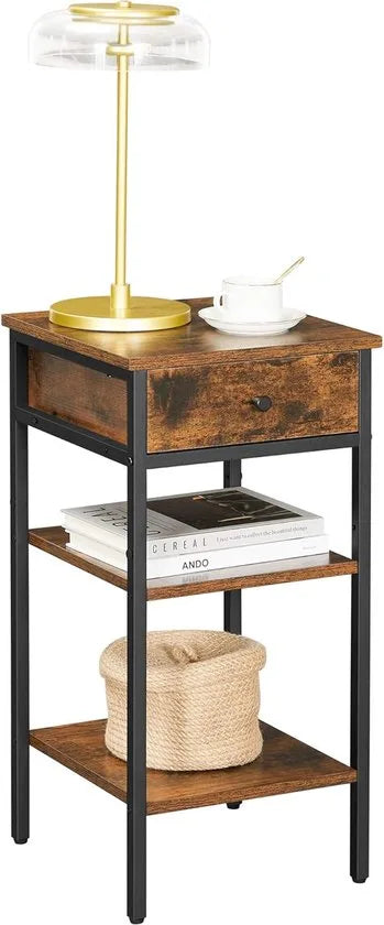Furnstar Nachtkastje -Bijzettafel hoog met een lade en 2 open vakken - 1 verstelbare plank - Ruimtebesparend - Verstelbare poten - Modern - Wit – Rustiek bruin en zwart