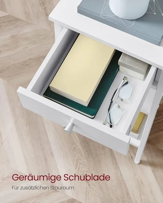 Furnstar Nachtkastje -Bijzettafel hoog met een lade en 2 open vakken - 1 verstelbare plank - Ruimtebesparend - Verstelbare poten - Modern - Wit