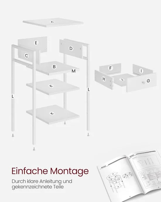 Furnstar Nachtkastje -Bijzettafel hoog met een lade en 2 open vakken - 1 verstelbare plank - Ruimtebesparend - Verstelbare poten - Modern - Wit