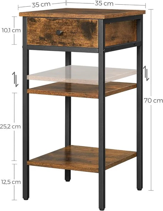 Furnstar Nachtkastje -Bijzettafel hoog met een lade en 2 open vakken - 1 verstelbare plank - Ruimtebesparend - Verstelbare poten - Modern - Wit – Rustiek bruin en zwart