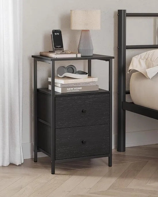FurnStar - Nachtkastje - bijzettafel met 2 stoffen laden - salontafel met planken - 61 cm hoog - voor woonkamer - slaapkamer - aszwart-inktzwart-matzwart