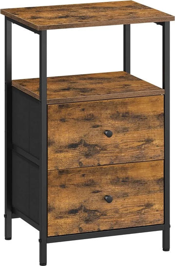 FurnStar - Nachtkastje - Bijzettafel met 2 stoffen laden - Salontafel met planken - 61 cm hoog - Voor woonkamer - Slaapkamer - Rustiek Brown, Ink Black, Matte Black