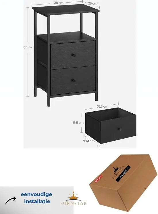 FurnStar - Nachtkastje - bijzettafel met 2 stoffen laden - salontafel met planken - 61 cm hoog - voor woonkamer - slaapkamer - aszwart-inktzwart-matzwart