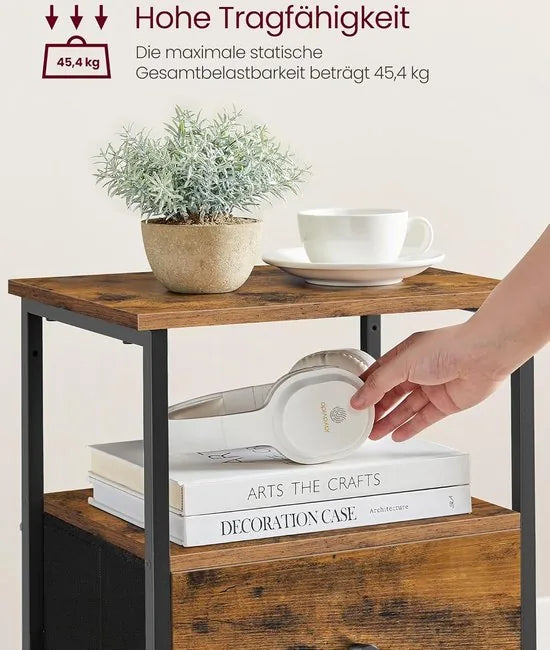 FurnStar - Nachtkastje - Bijzettafel met 2 stoffen laden - Salontafel met planken - 61 cm hoog - Voor woonkamer - Slaapkamer - Rustiek Brown, Ink Black, Matte Black