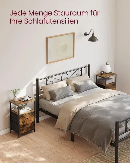 FurnStar - Nachtkastje - Bijzettafel met 2 stoffen laden - Salontafel met planken - 61 cm hoog - Voor woonkamer - Slaapkamer - Rustiek Brown, Ink Black, Matte Black